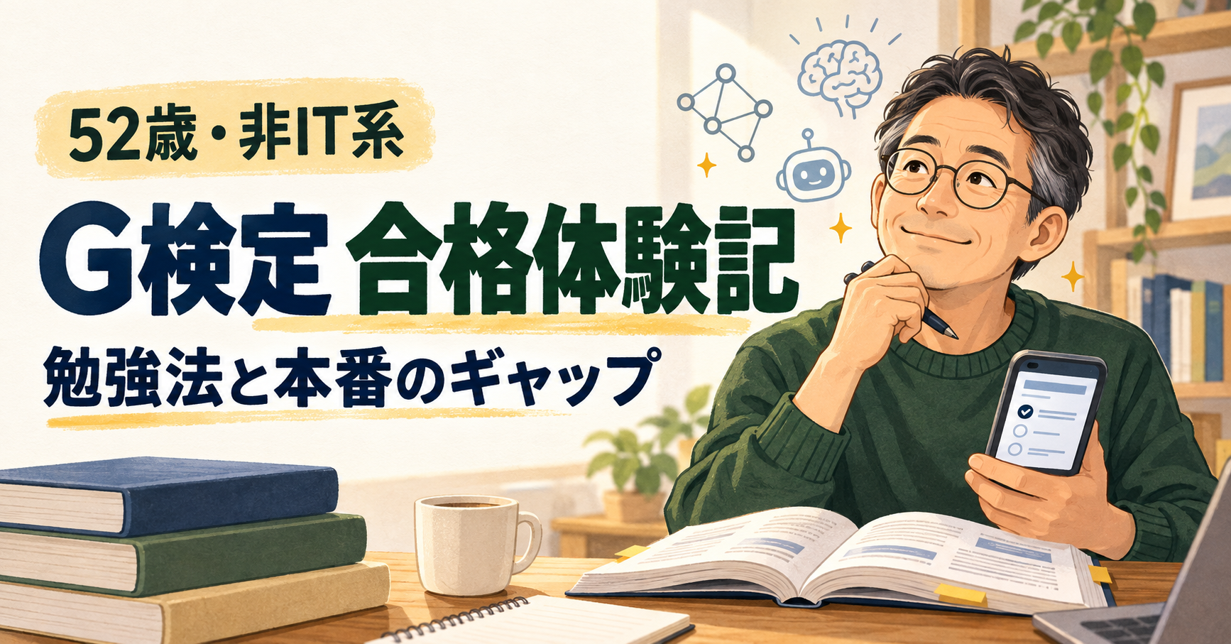 52歳・非IT系の男性が教材とスマートフォンで学ぶイラスト。「G検定 合格体験記 勉強法と本番のギャップ」の文字